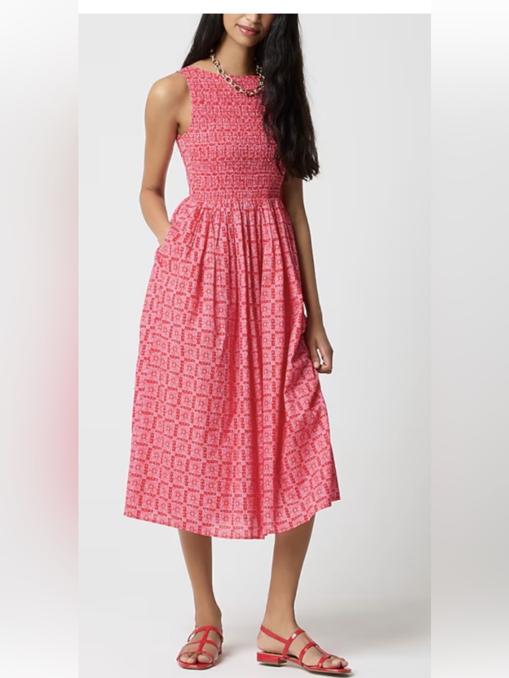 J.Crew Red white smocked midi dress cotton print lined sleeveless boatneck LARGE